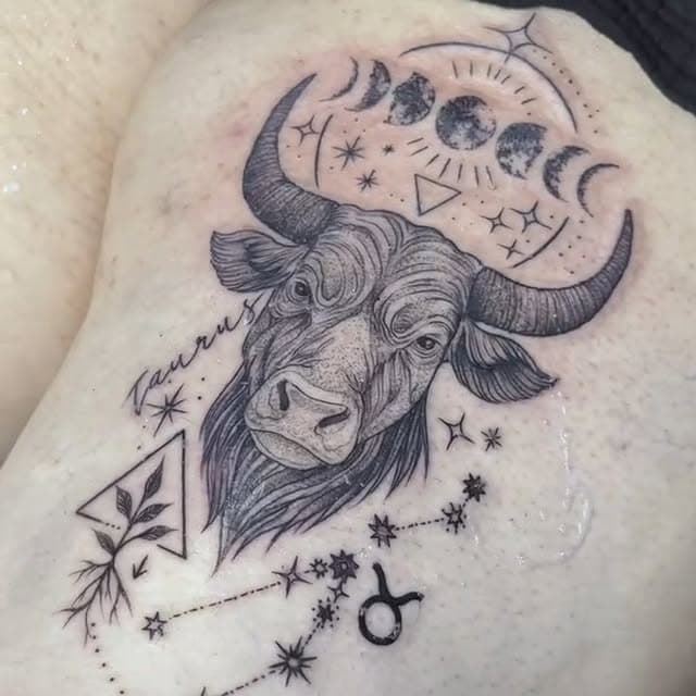 Tatuaje de toro con símbolos celestes